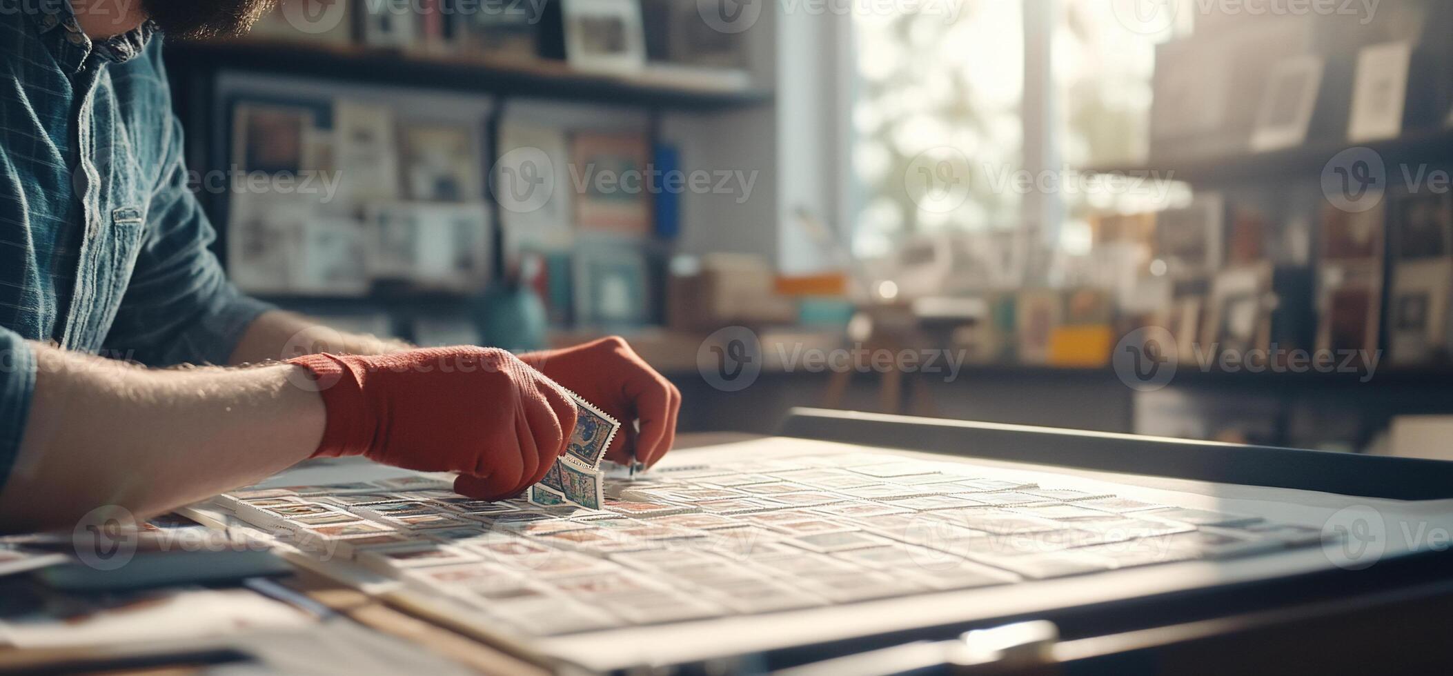 A person sorting through a collection of photographs in a cozy setting. photo