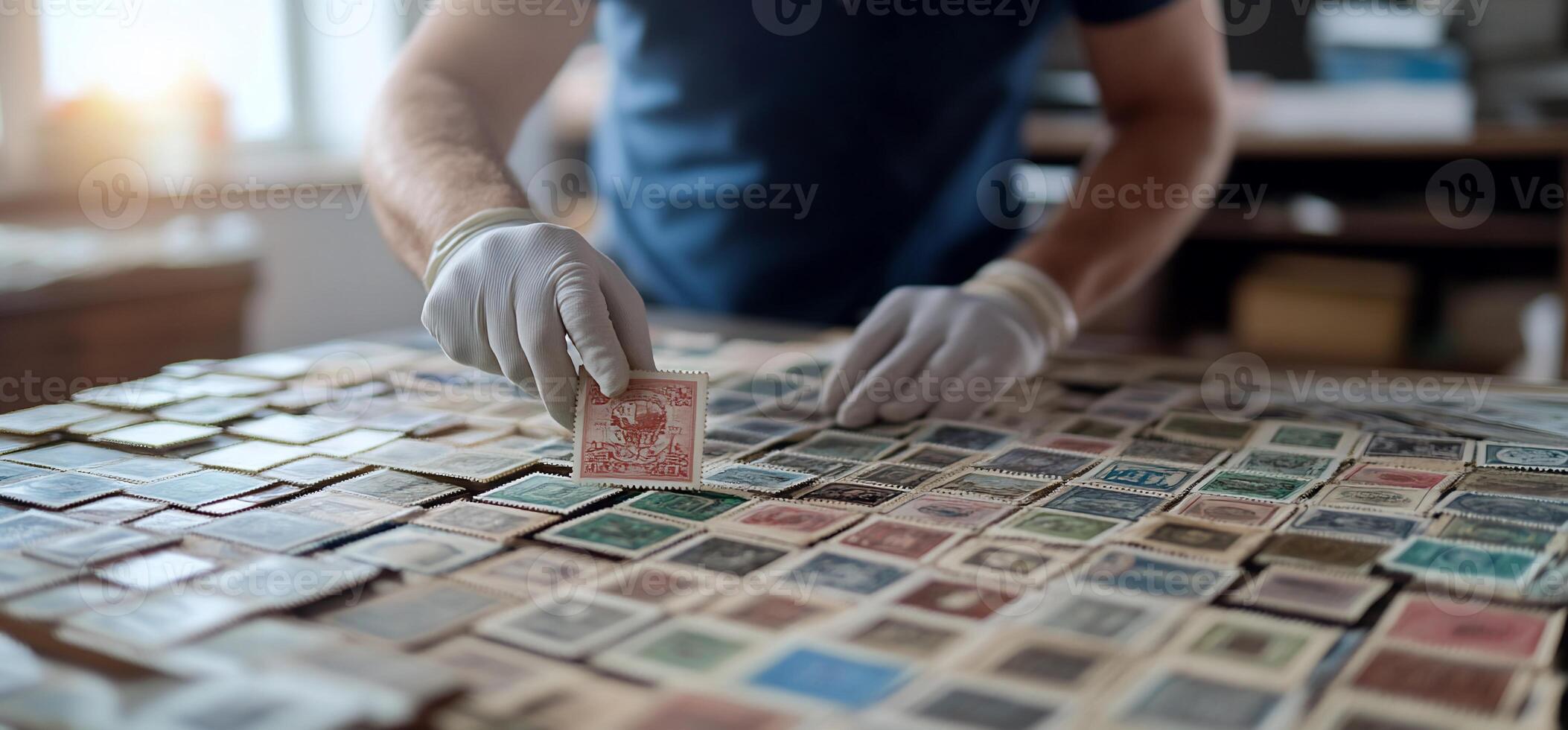 A person examines a collection of vintage stamps on a table. photo