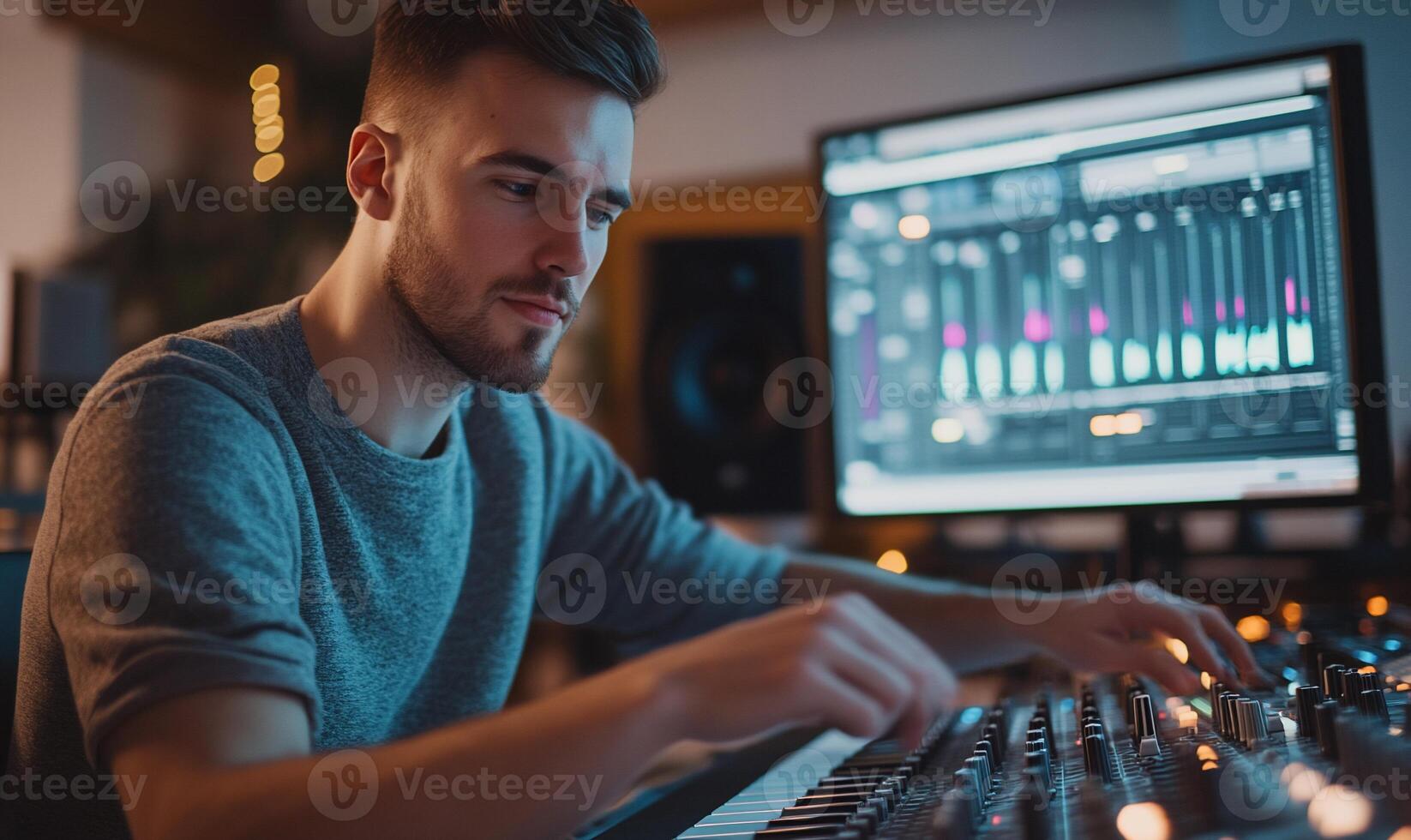 A man working on music production at a computer workstation. photo