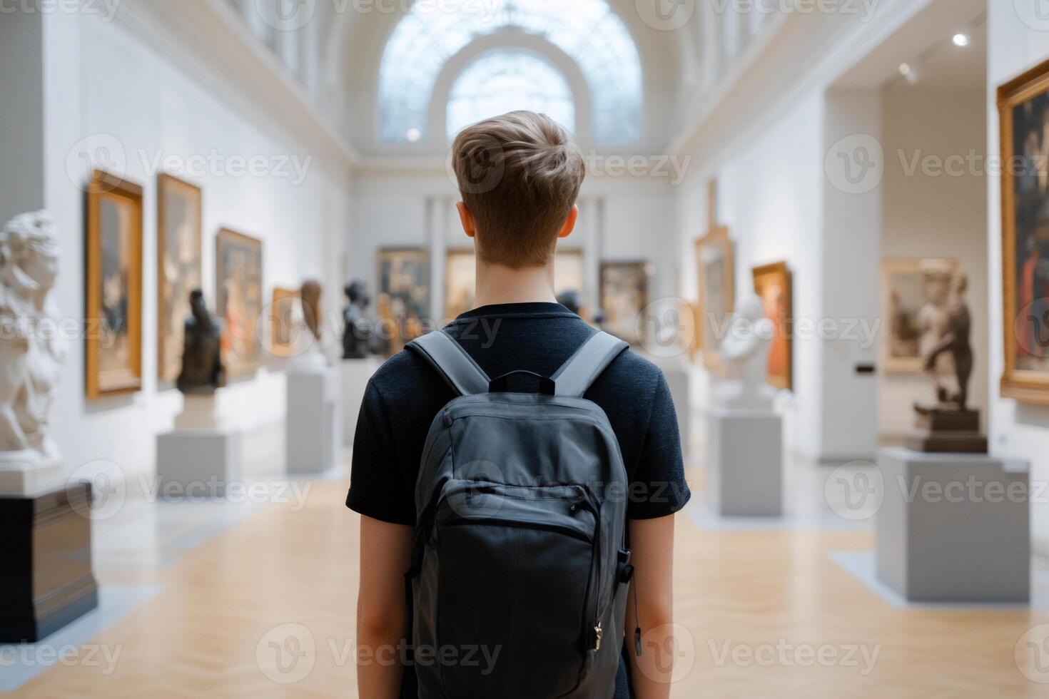 A person observing art in a gallery filled with sculptures and paintings. photo