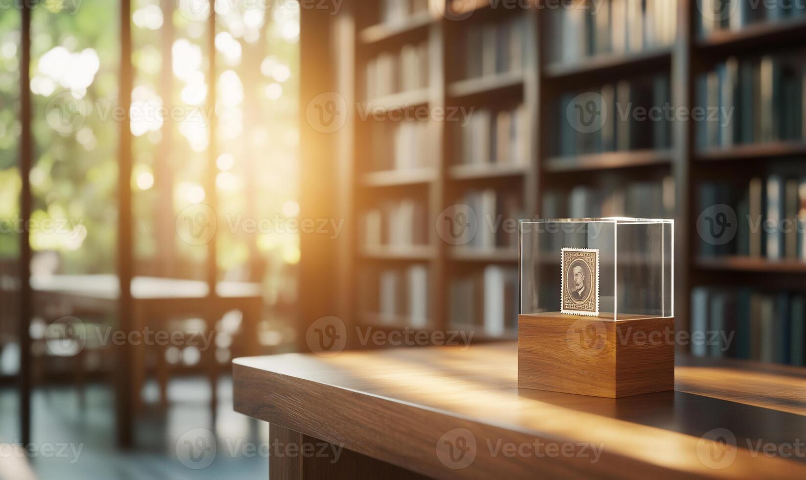 A historical photograph displayed in a library setting. photo
