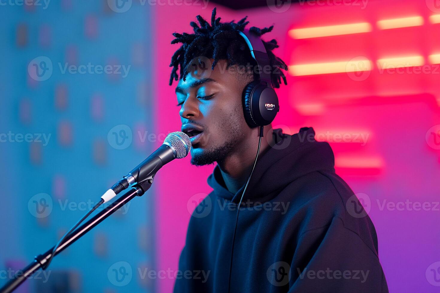 A musician singing into a microphone while wearing headphones. photo
