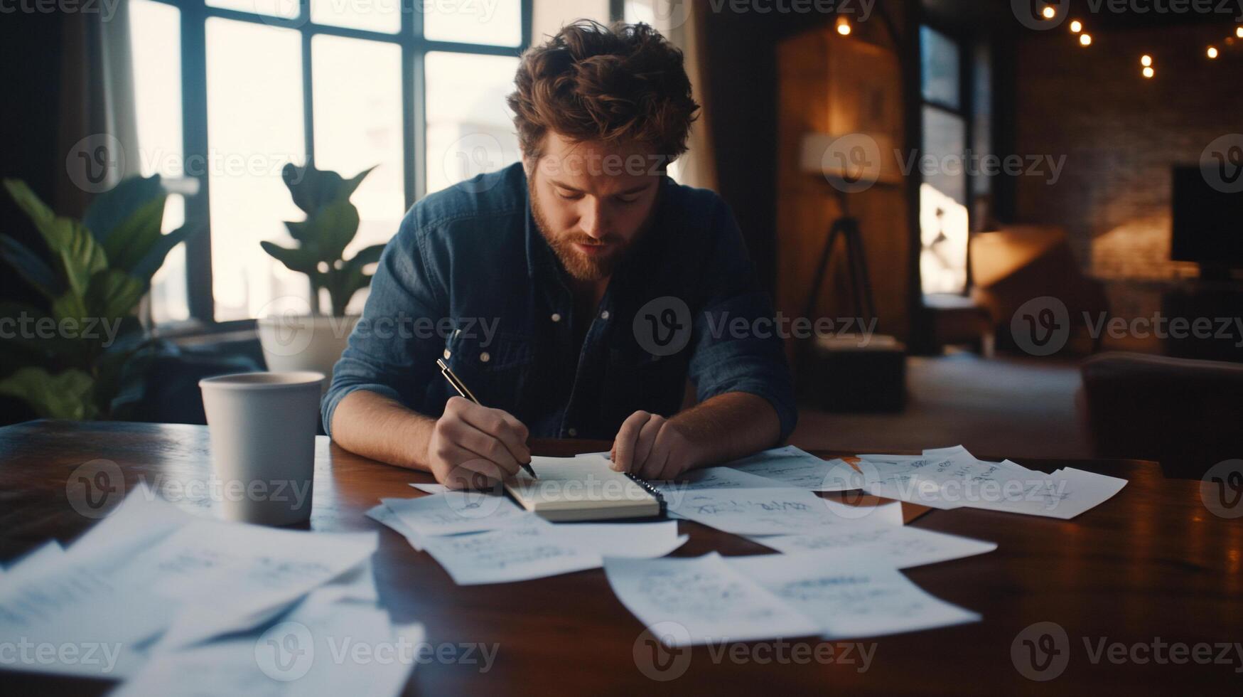A man writes notes amidst scattered papers in a cozy workspace. photo