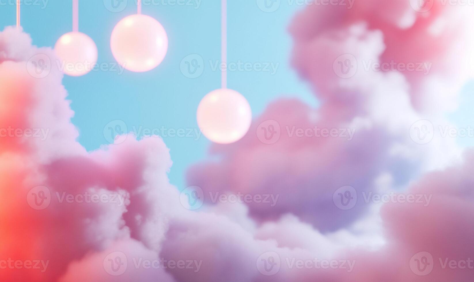 Dreamy clouds with suspended glowing orbs against a blue sky. photo