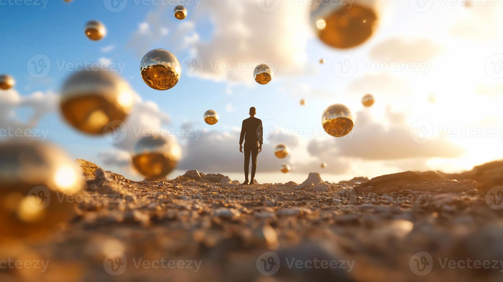 A solitary figure amidst floating golden spheres in a surreal landscape. photo