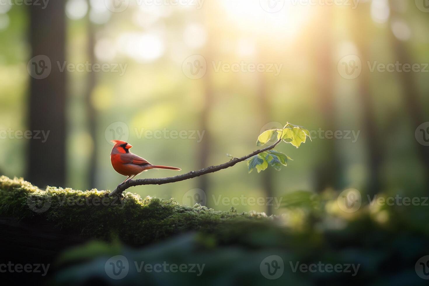 A vibrant cardinal perched on a mossy branch in a sunlit forest. photo