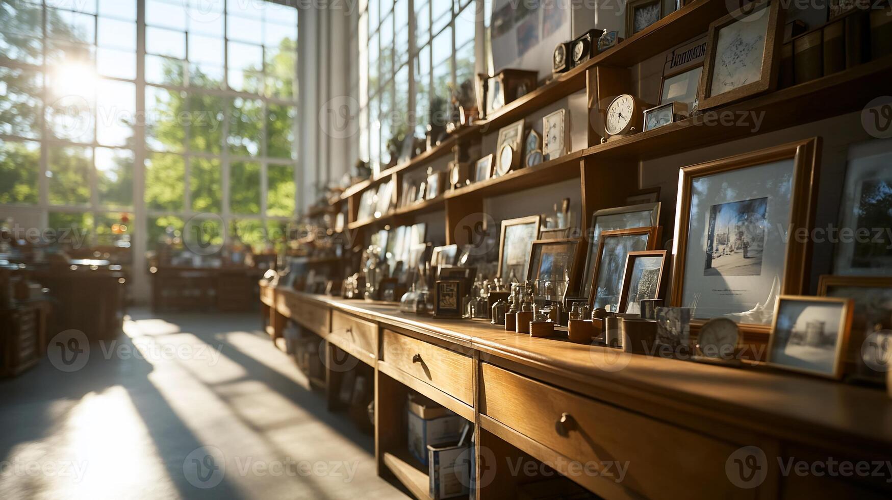 A sunlit antique shop filled with vintage items and framed photographs. photo