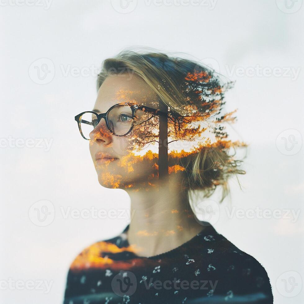 A serene portrait with a tree and sunset reflection. photo