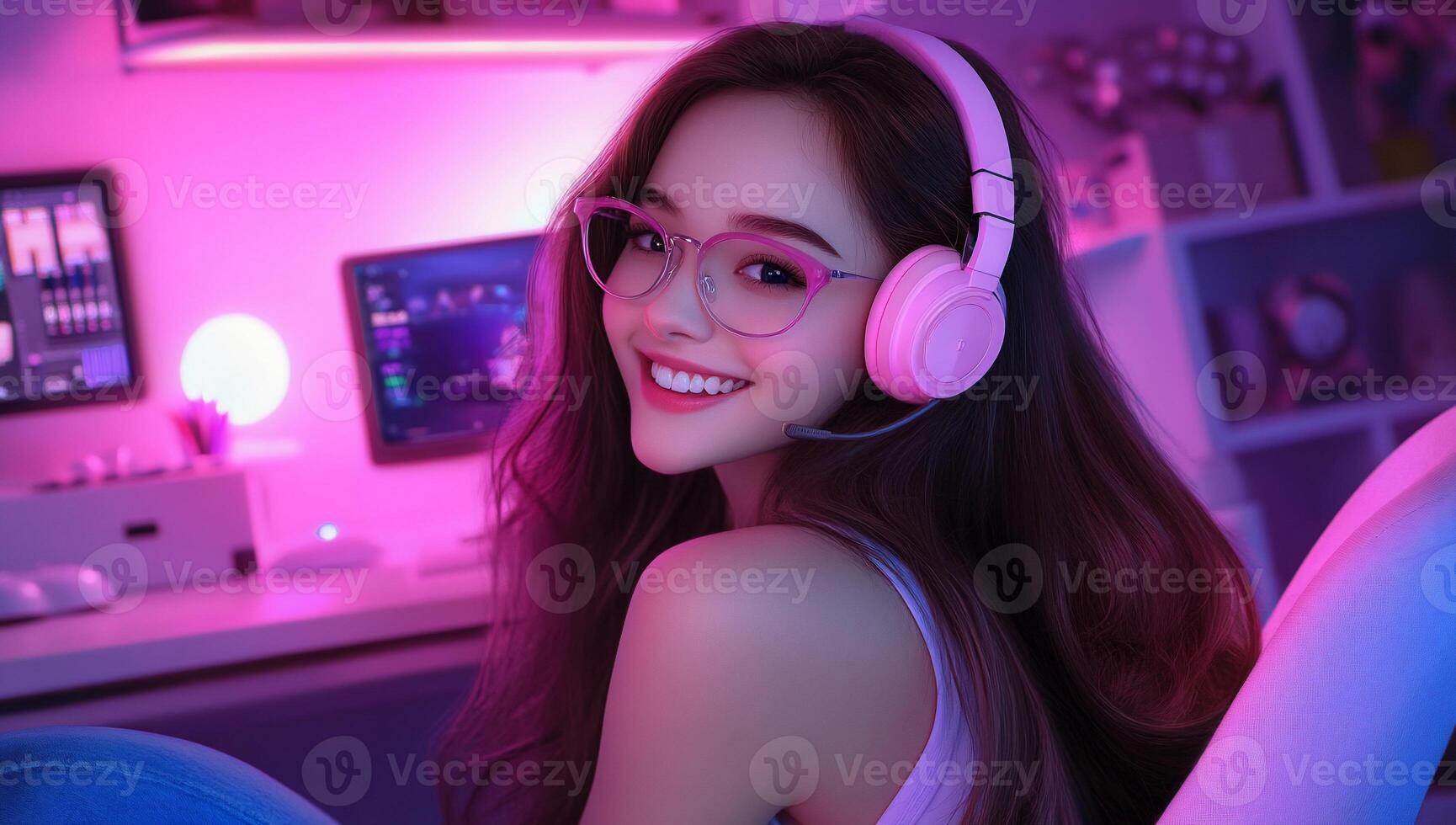 A smiling woman with headphones in a colorful gaming setup. photo