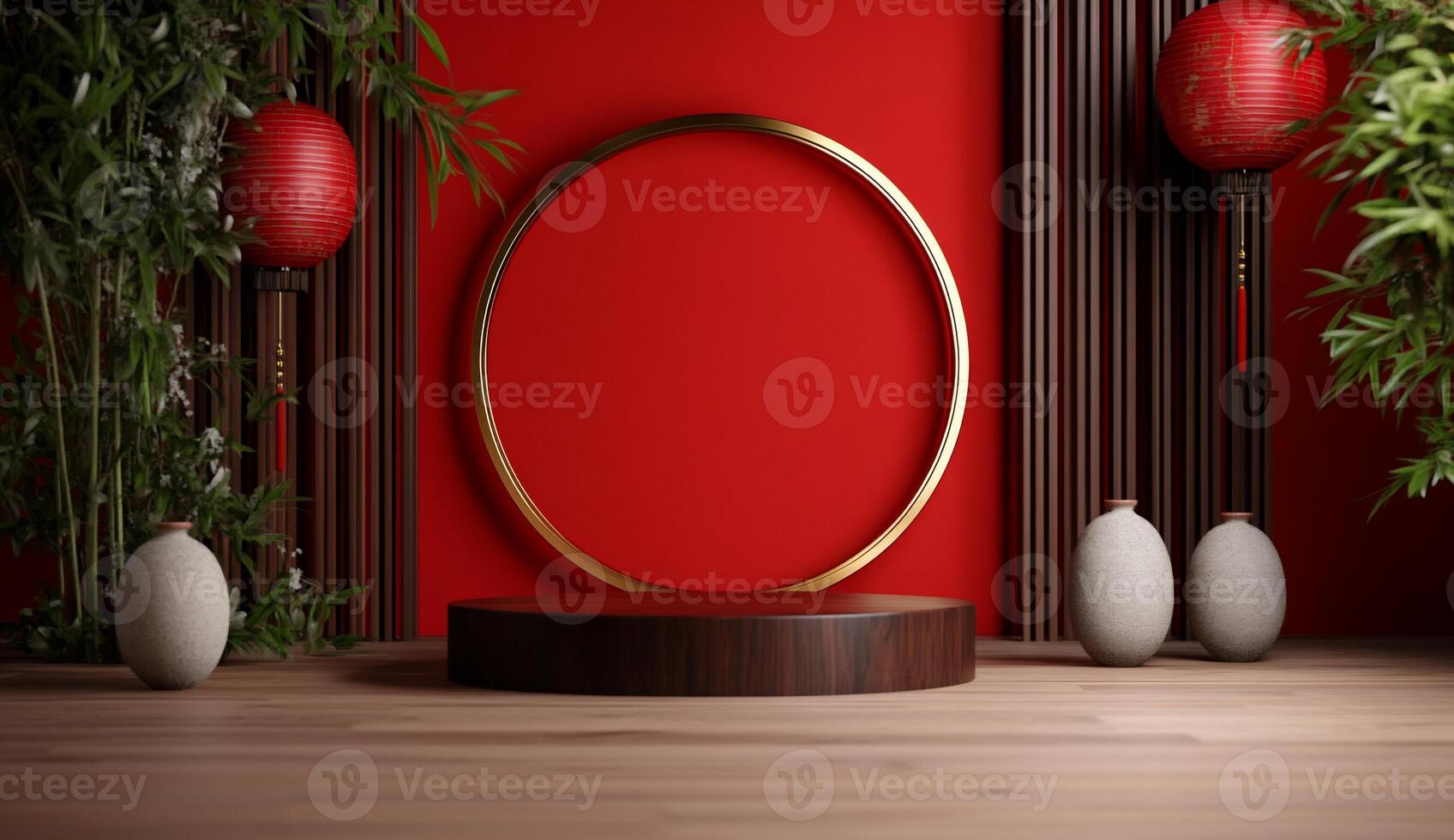 A minimalist display with a red backdrop, circular frame, and decor. photo