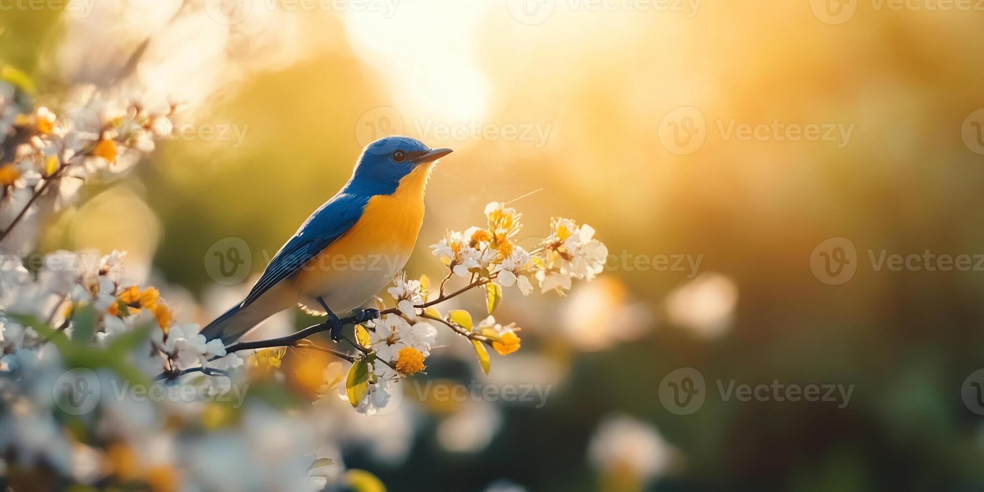 A vibrant blue and yellow bird perched on a flowering branch at sunset. photo