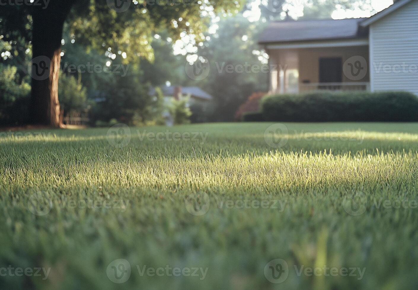 A serene lawn in the morning light, showcasing lush green grass. photo