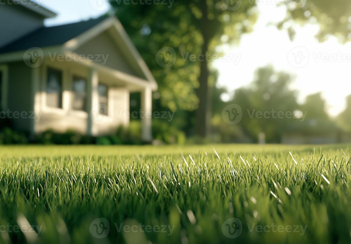 A close-up view of lush green grass in a residential yard. photo