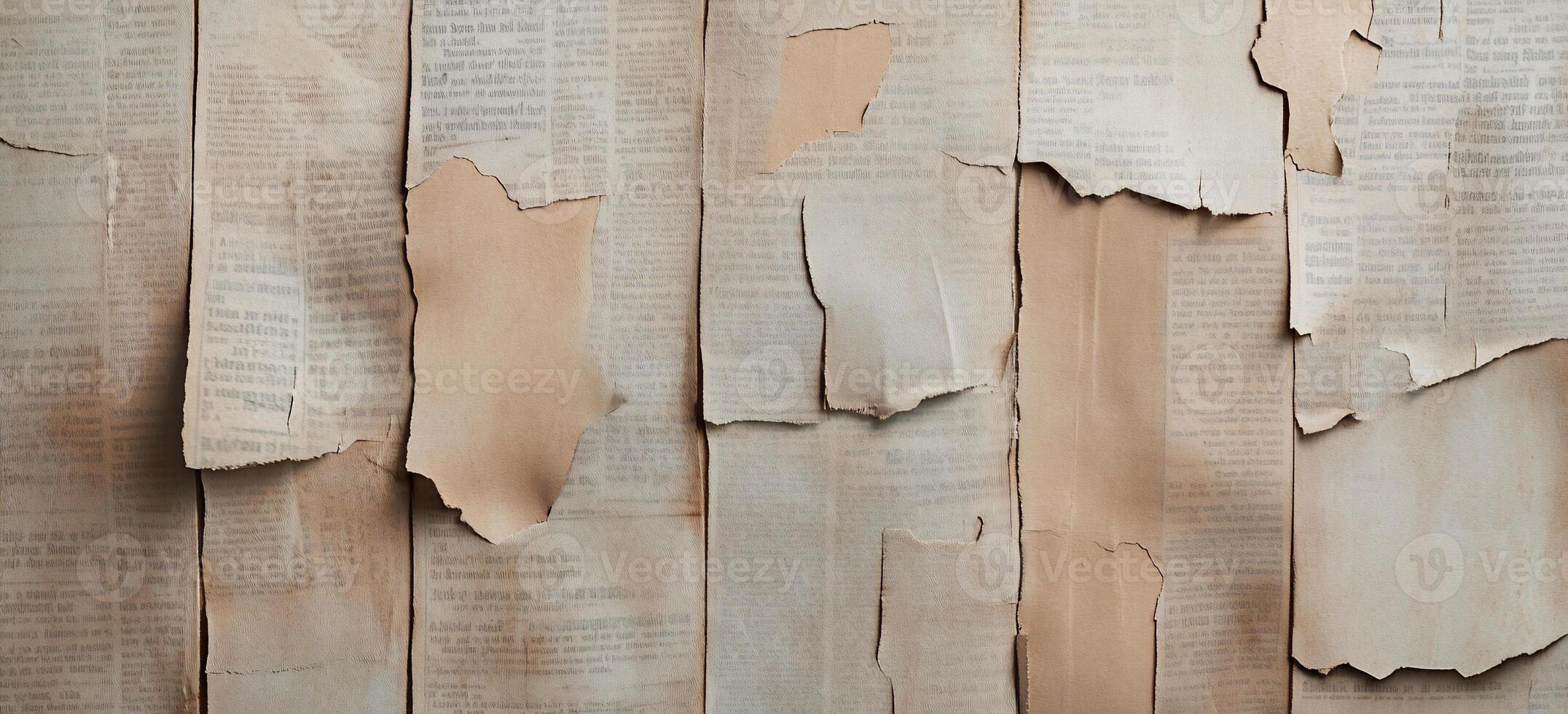 A textured background of torn newspaper pages in muted tones. photo