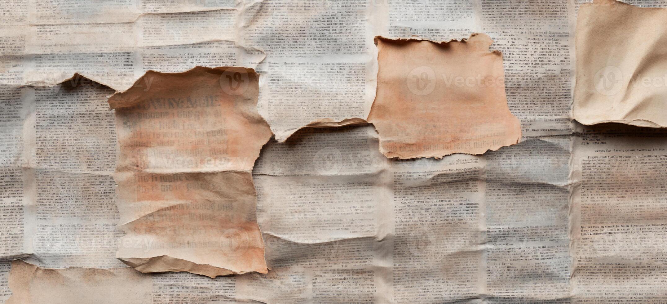 A close-up of crumpled newspaper fragments with faded text. photo