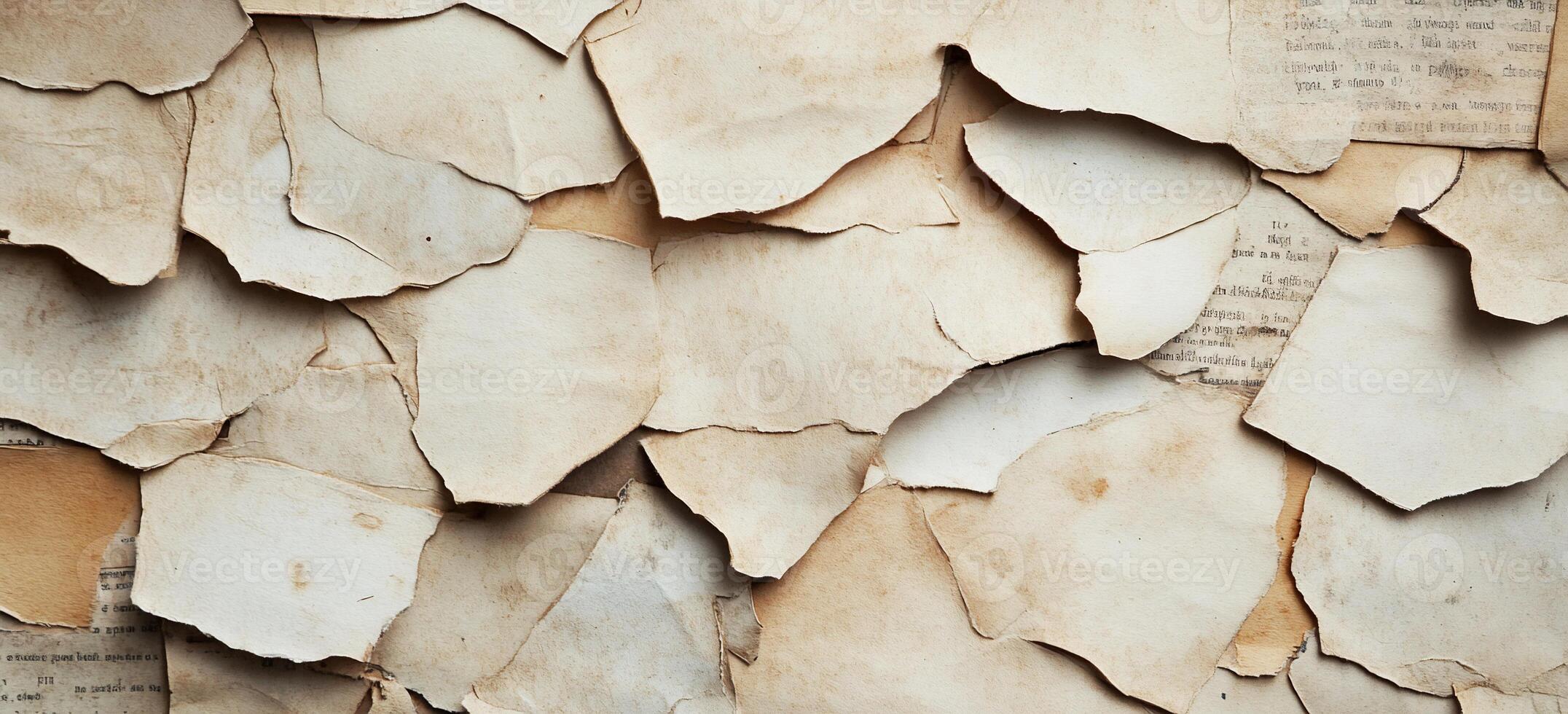 A textured background of old, torn paper sheets layered together. photo