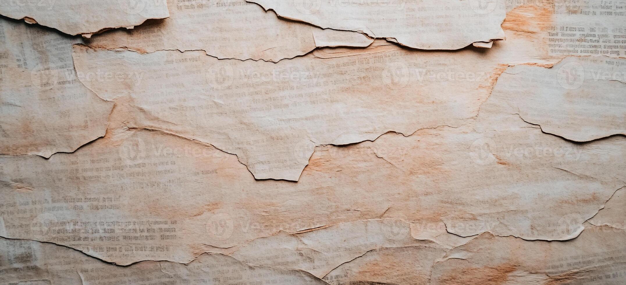 A textured surface of torn paper with faded text. photo