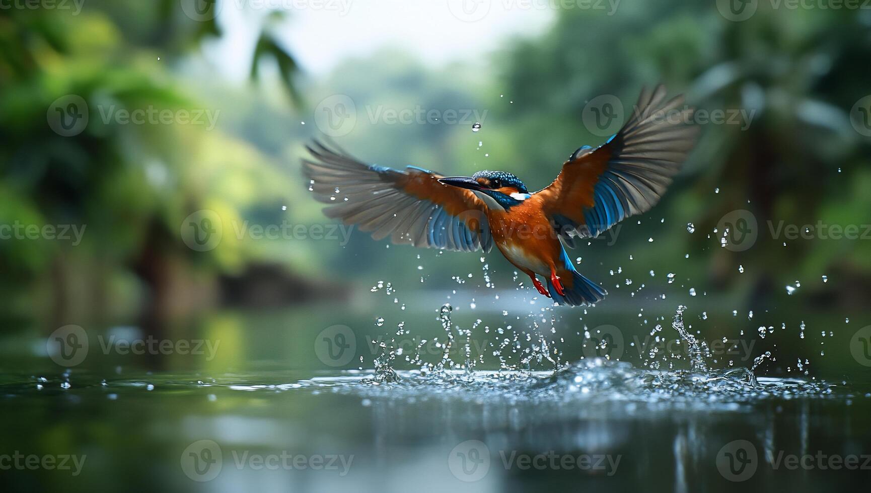 A kingfisher diving into water, creating splashes in a serene environment. photo
