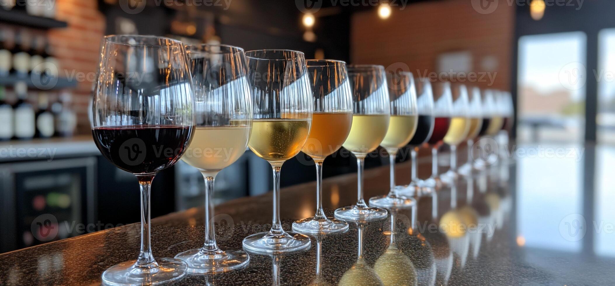 A row of wine glasses filled with various types of wine on a bar counter. photo