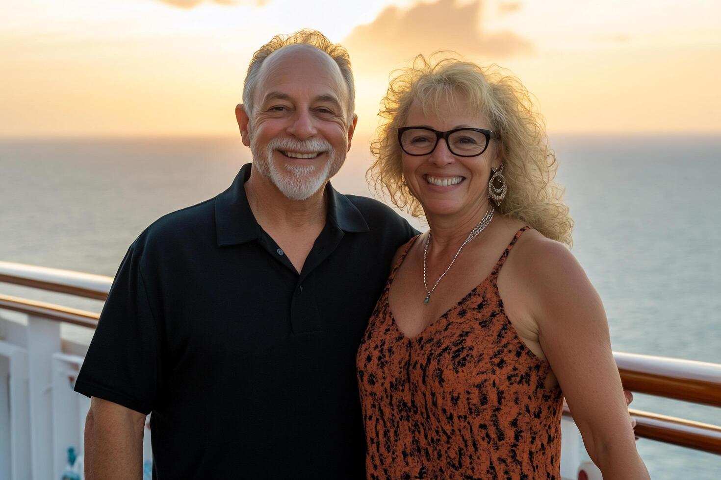 A smiling couple poses for a sunset photo on a cruise ship deck.