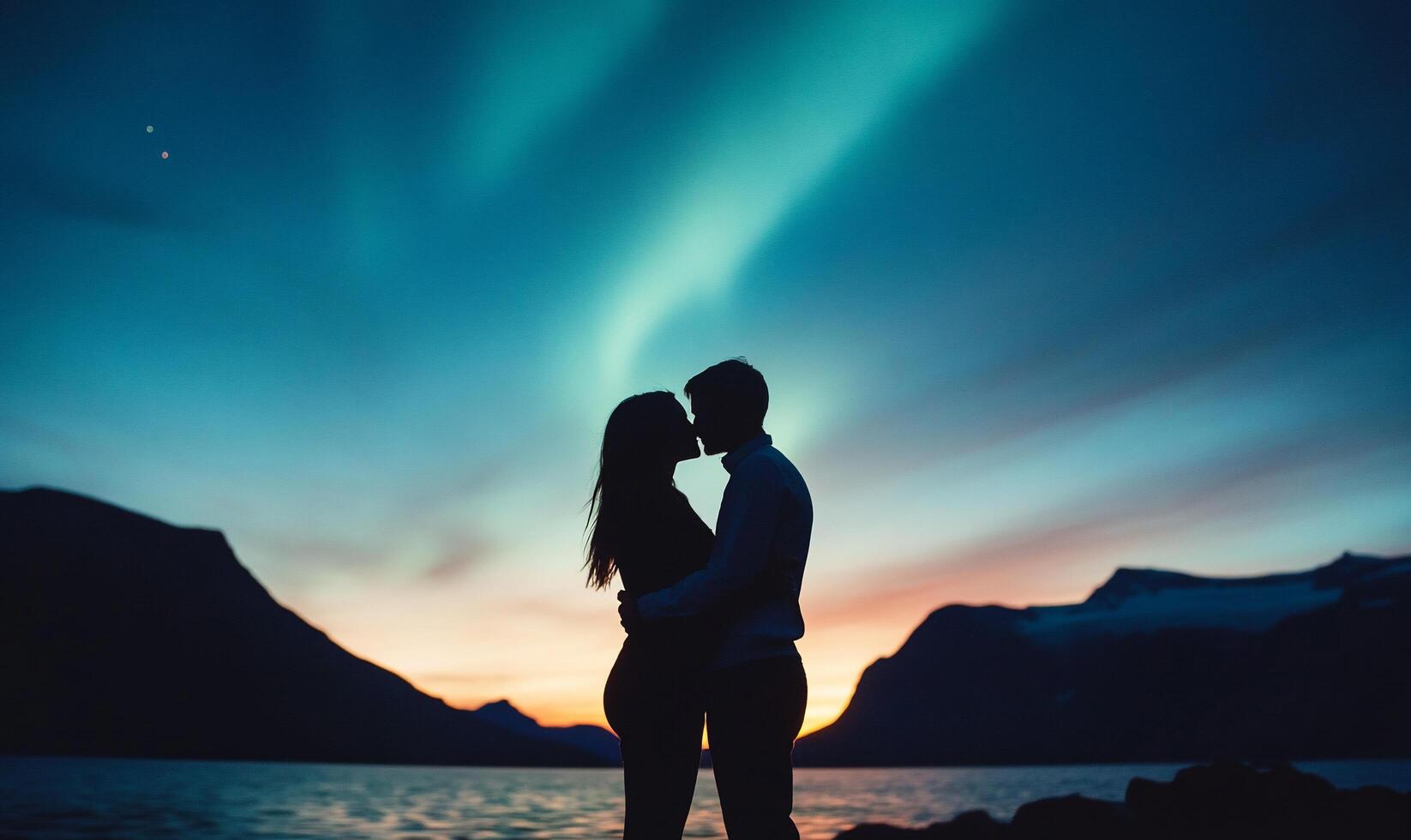 Romantic silhouette of a couple against a vibrant sunset and aurora. photo
