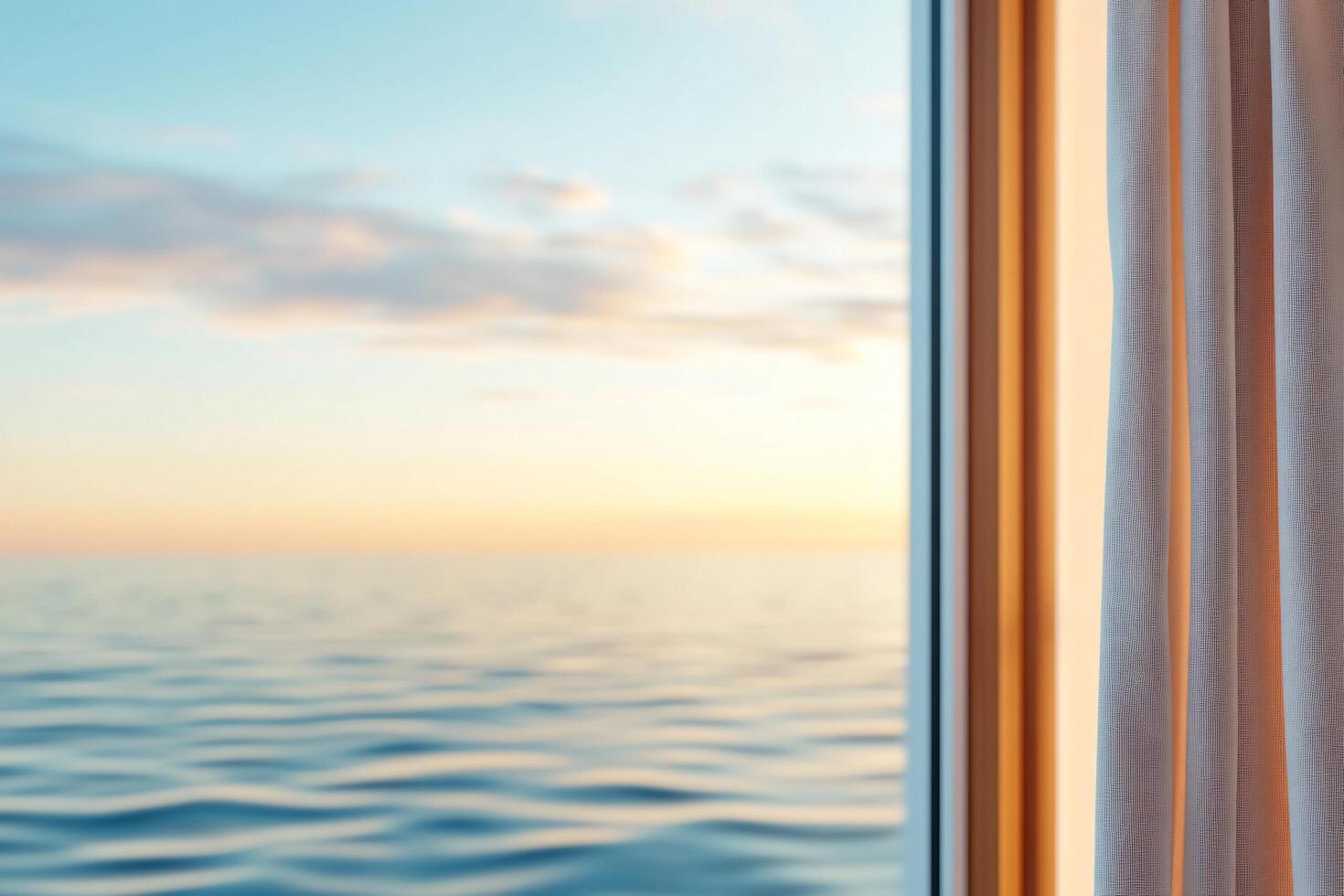 Serene view of a calm ocean at sunset through a window curtain. photo