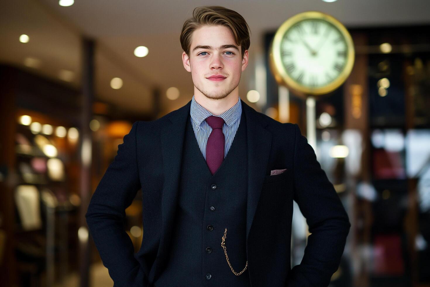 A confident young man in formal attire stands in a stylish setting. photo