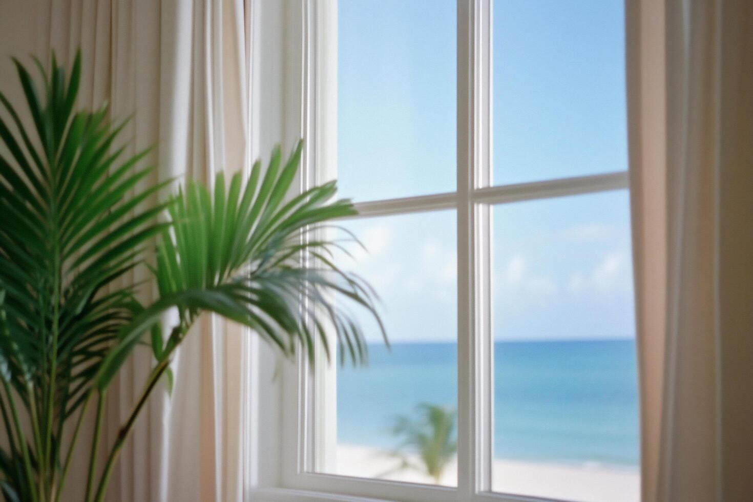 A serene view of the ocean through a window with a palm plant. photo
