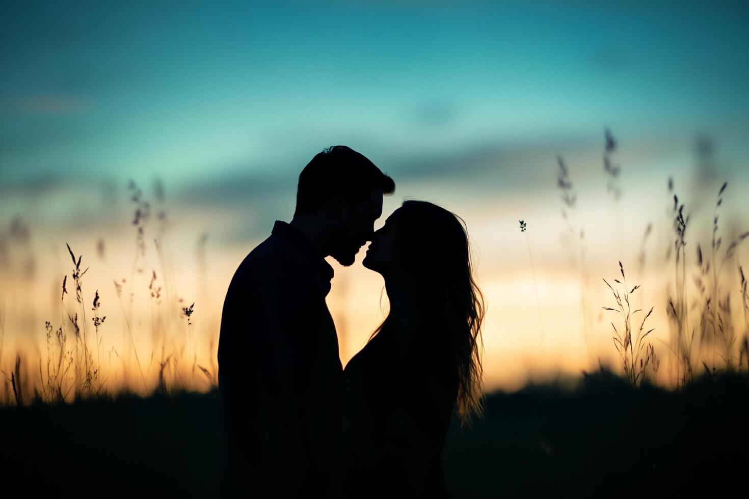 A couple sharing a romantic moment against a sunset backdrop. photo