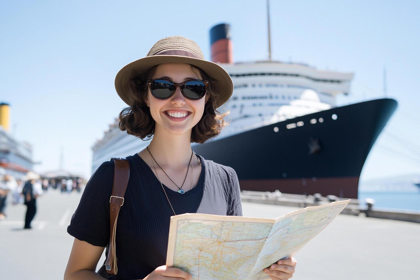 A smiling woman holding a map near a large ship at a port. photo