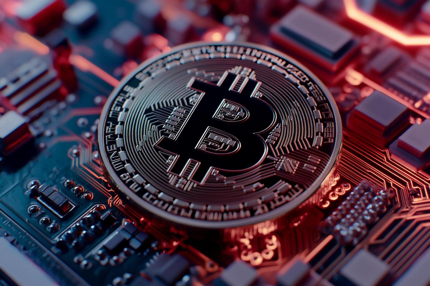 A close-up of a Bitcoin coin on a circuit board background. photo