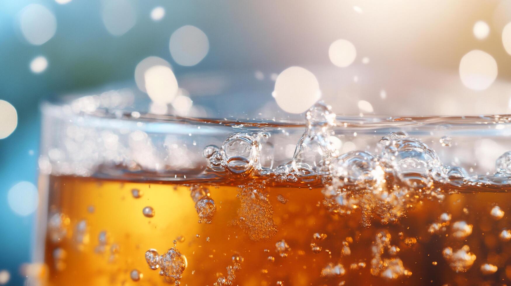 A close-up of a fizzy drink in a glass, showcasing bubbles and reflections. photo
