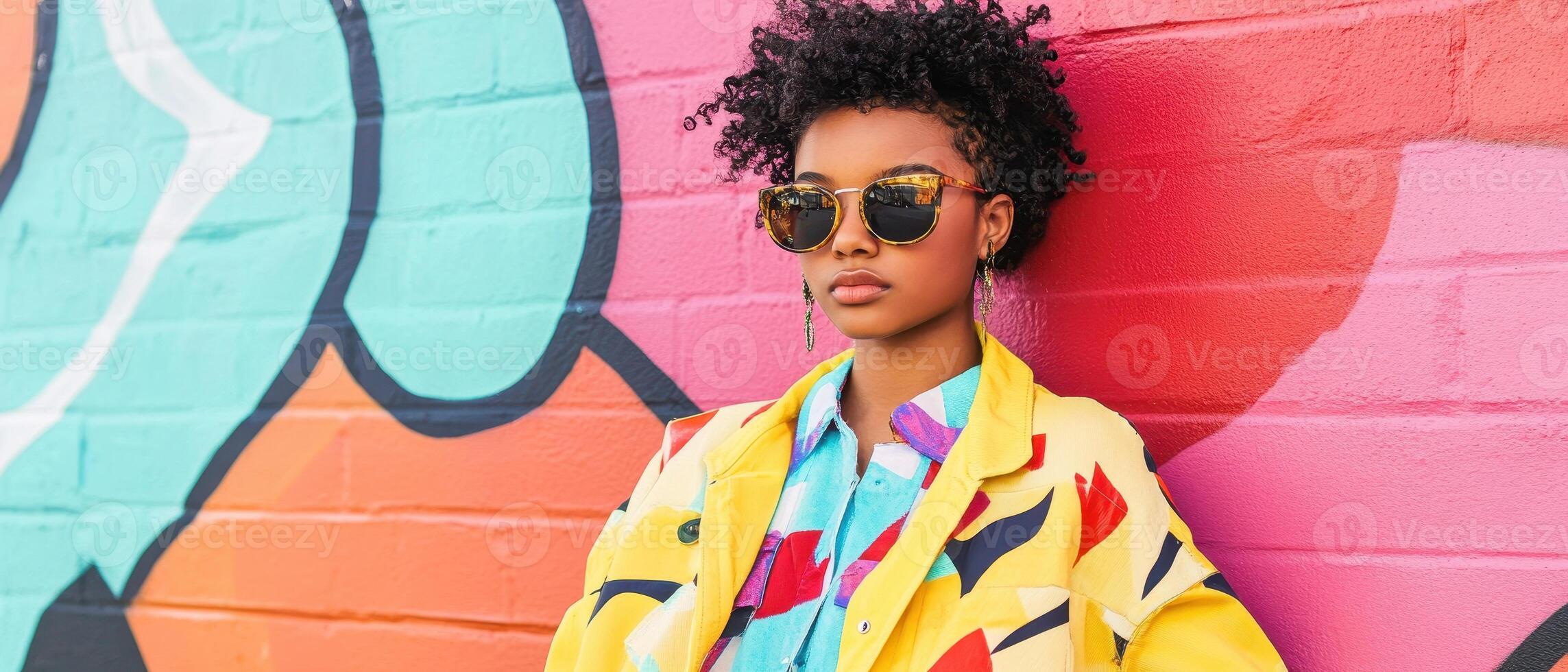 A stylish individual with curly hair wears vibrant clothing and sunglasses, posing against a colorful graffiti wall. photo