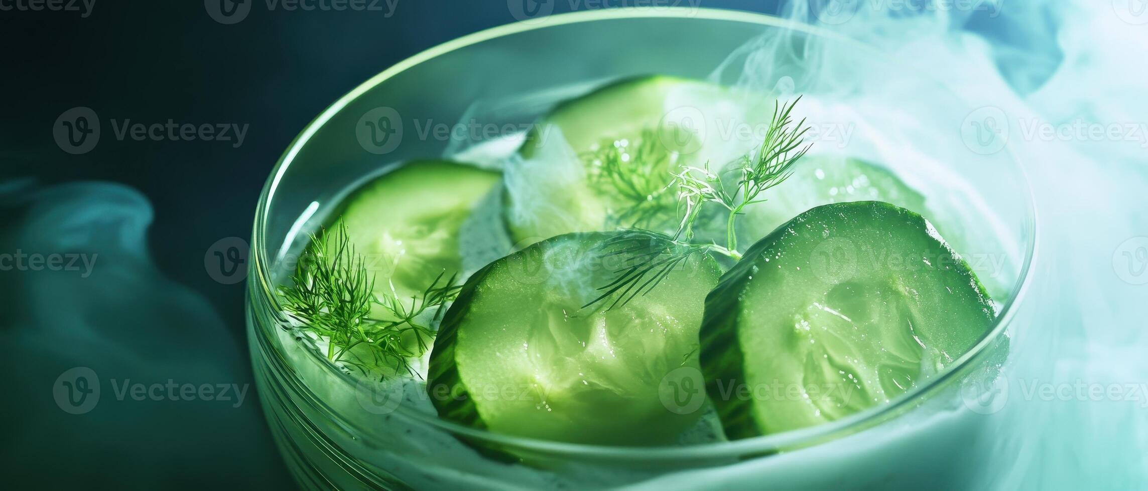 A refreshing glass featuring cucumber slices, surrounded by a misty atmosphere, evoking a cool and invigorating vibe. photo
