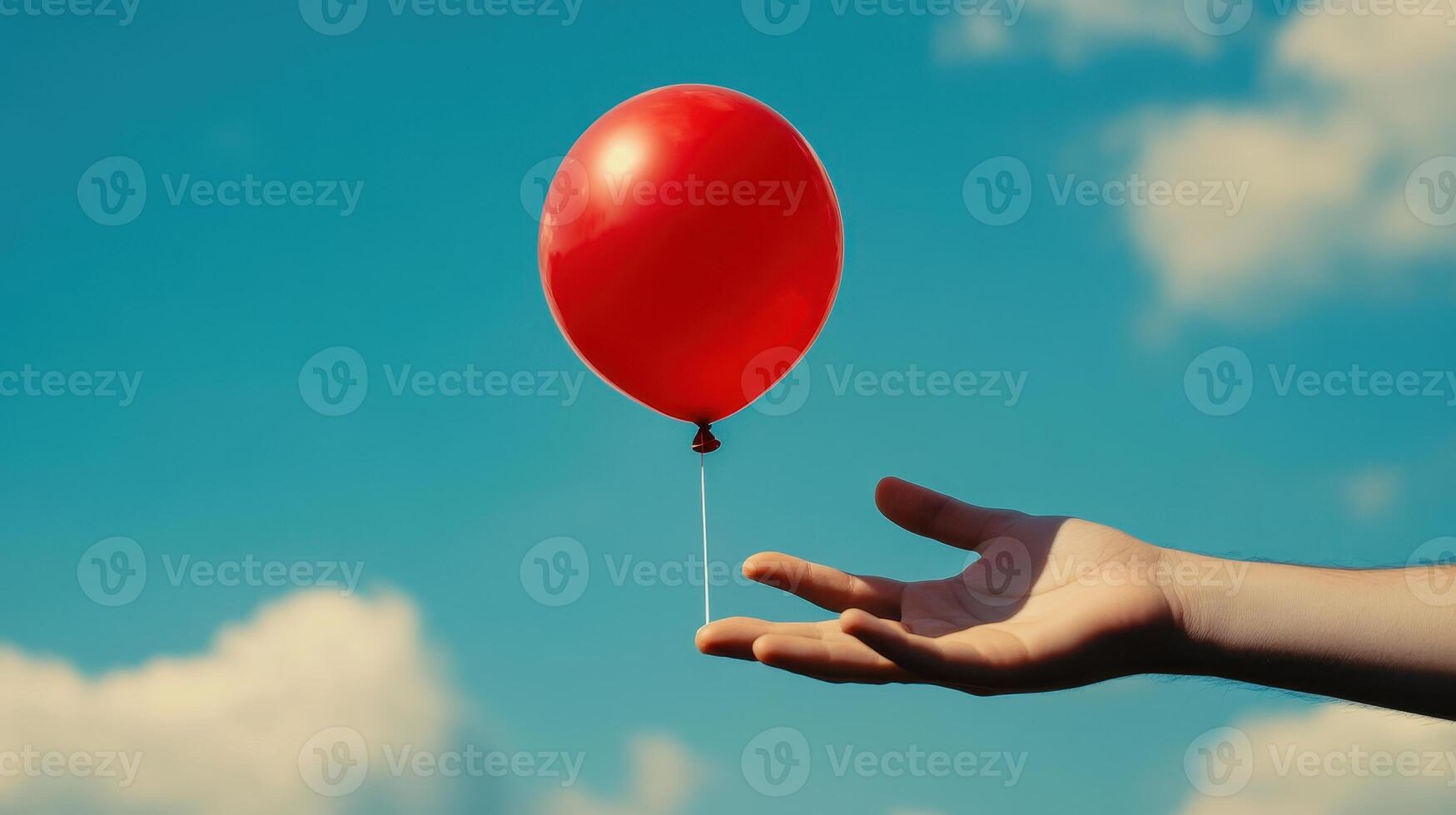 Hand Releasing Red Balloon into Blue Sky with Fluffy Clouds on a Sunny Day photo