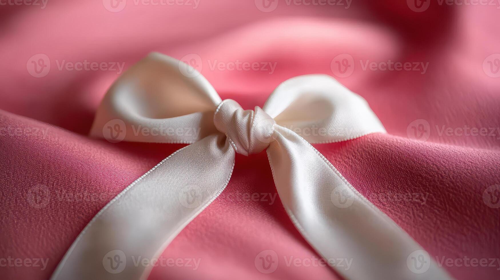 Close-Up of Elegant White Satin Ribbon Bow on Soft Pink Fabric Background for Gift Wrapping or Fashion Design photo