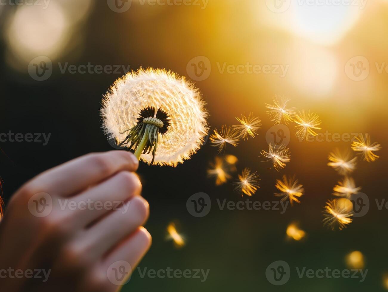 Close-Up of Hand Holding Dandelion with Seeds Blowing in the Wind at Sunset photo