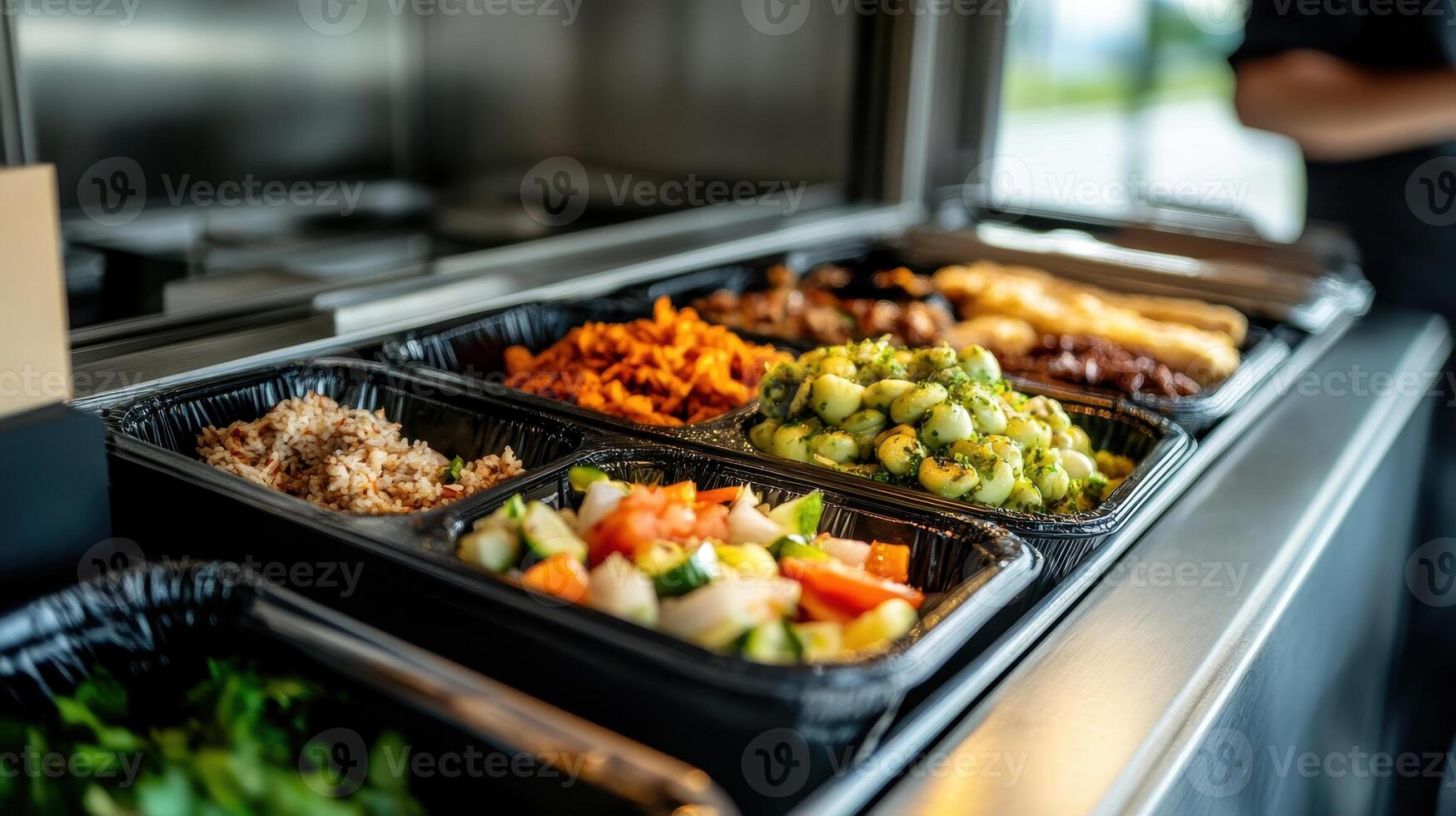 Assorted Freshly Prepared Meals in Black Containers at a Modern Food Court photo