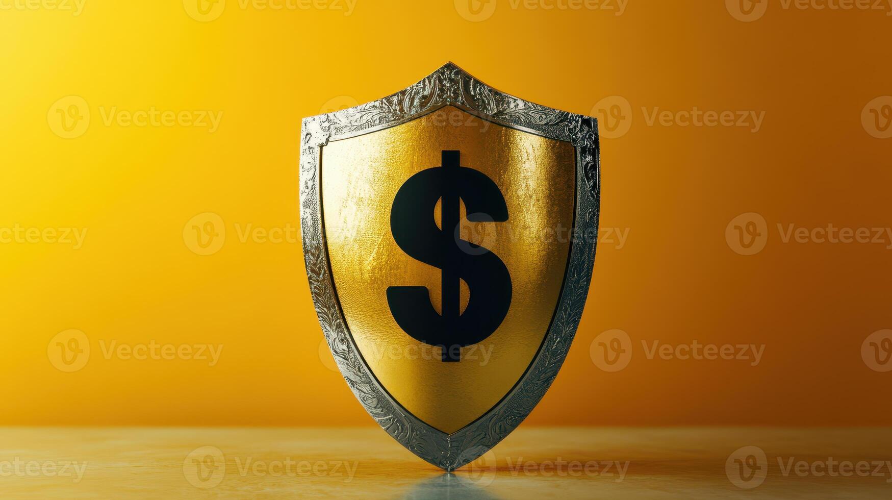 Golden Shield with Dollar Sign on Yellow Background Symbolizing Financial Security and Wealth Protection photo