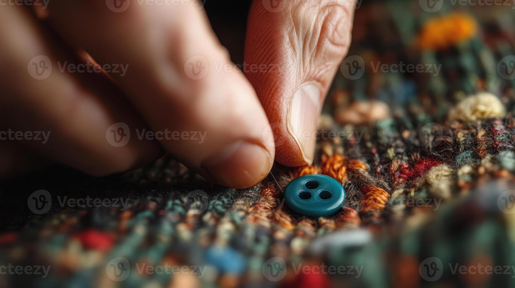 Close-Up of Hands Sewing a Button on Colorful Knitted Fabric with Detailed Texture photo