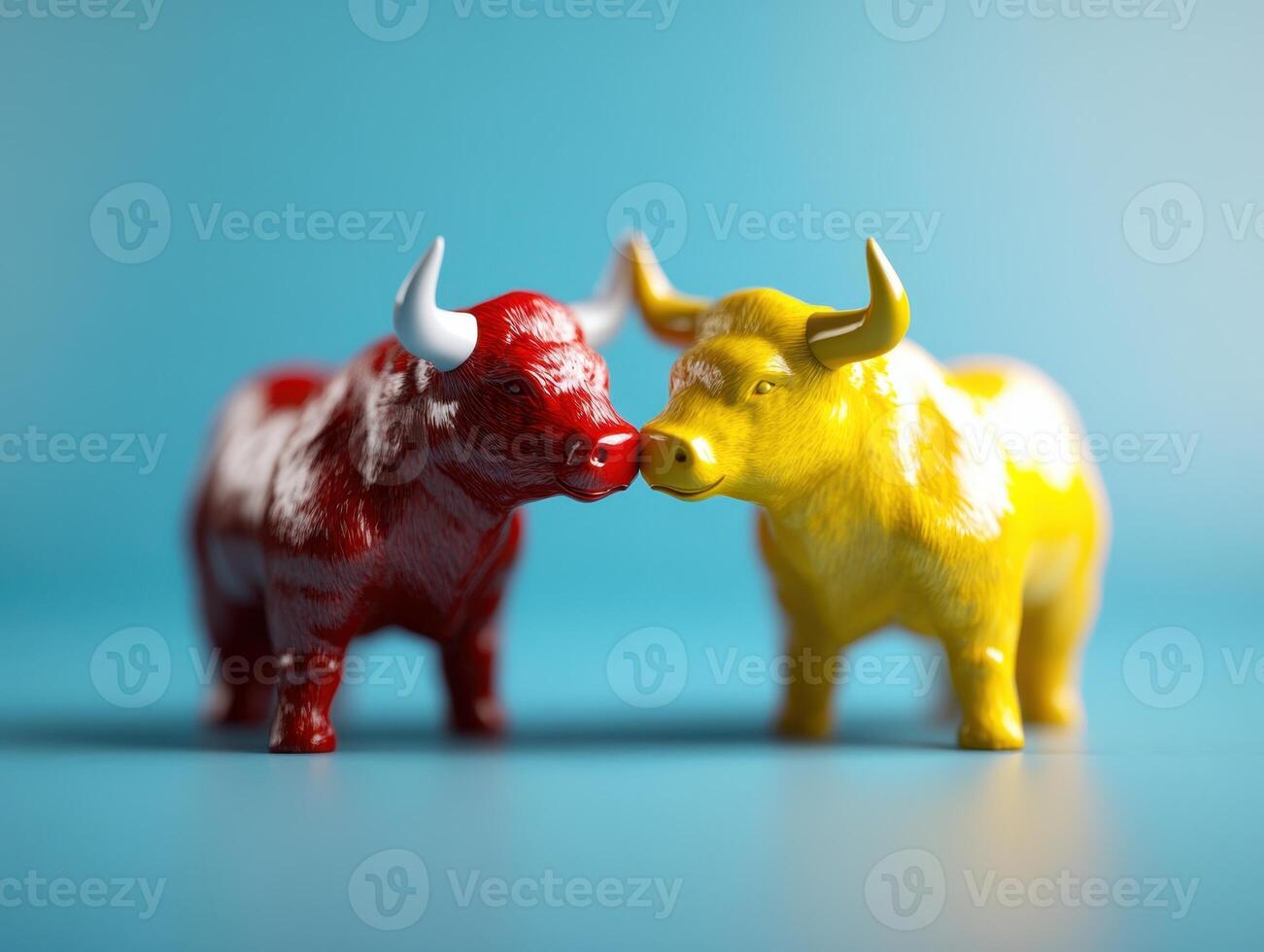 Colorful Red and Yellow Bull Figurines on Blue Background Symbolizing Market Trends and Financial Concepts photo