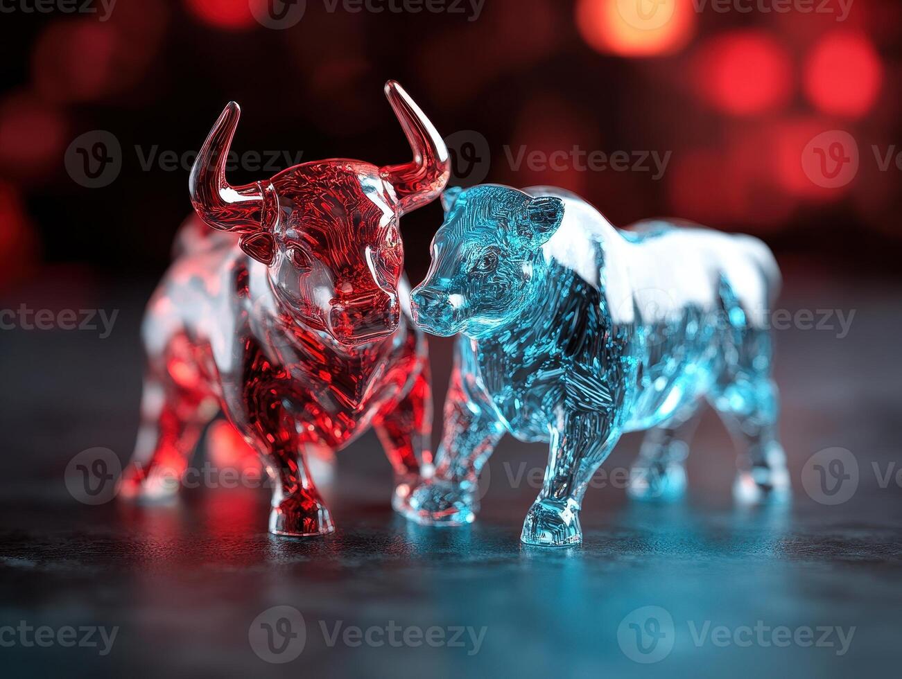 Crystal Bull and Bear Figurines with Red and Blue Lighting Representing Financial Market Trends photo