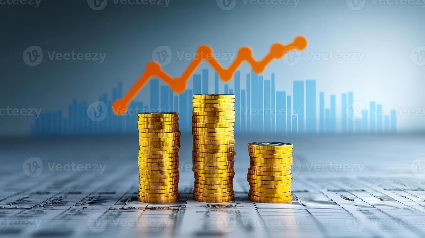 Stacked Gold Coins with Financial Graphs in the Background Representing Economic Growth and Investment Trends photo