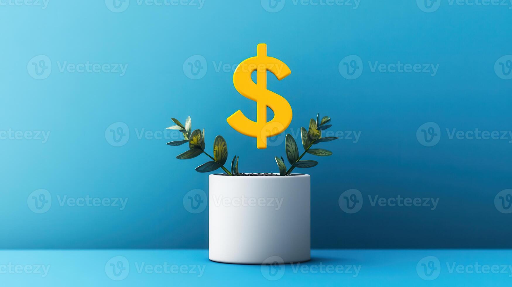 Growing Financial Success Concept with Dollar Sign and Plant in White Pot on Blue Background photo