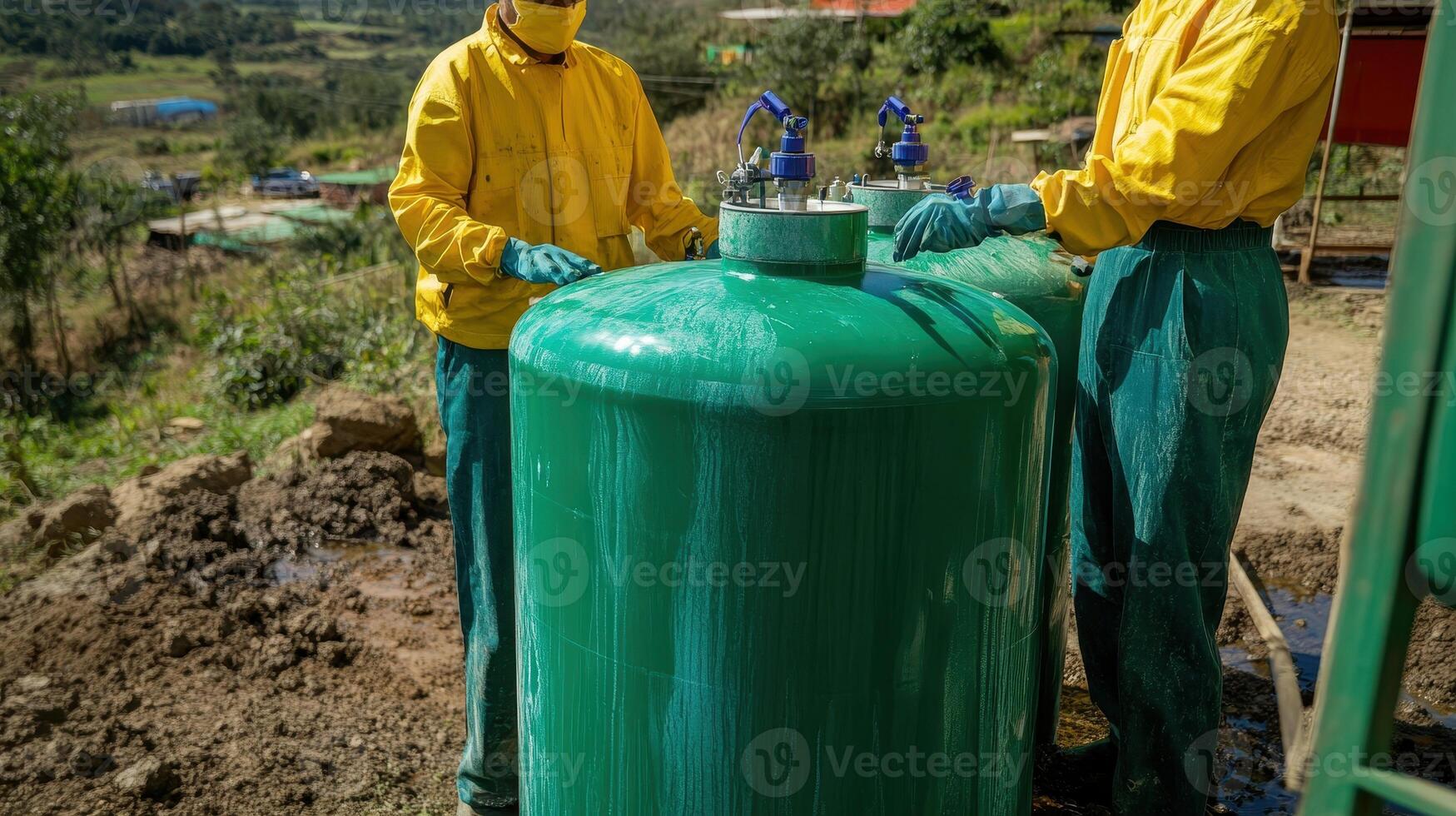Workers in Protective Gear Handling Green Industrial Tank in Outdoor Rural Setting photo
