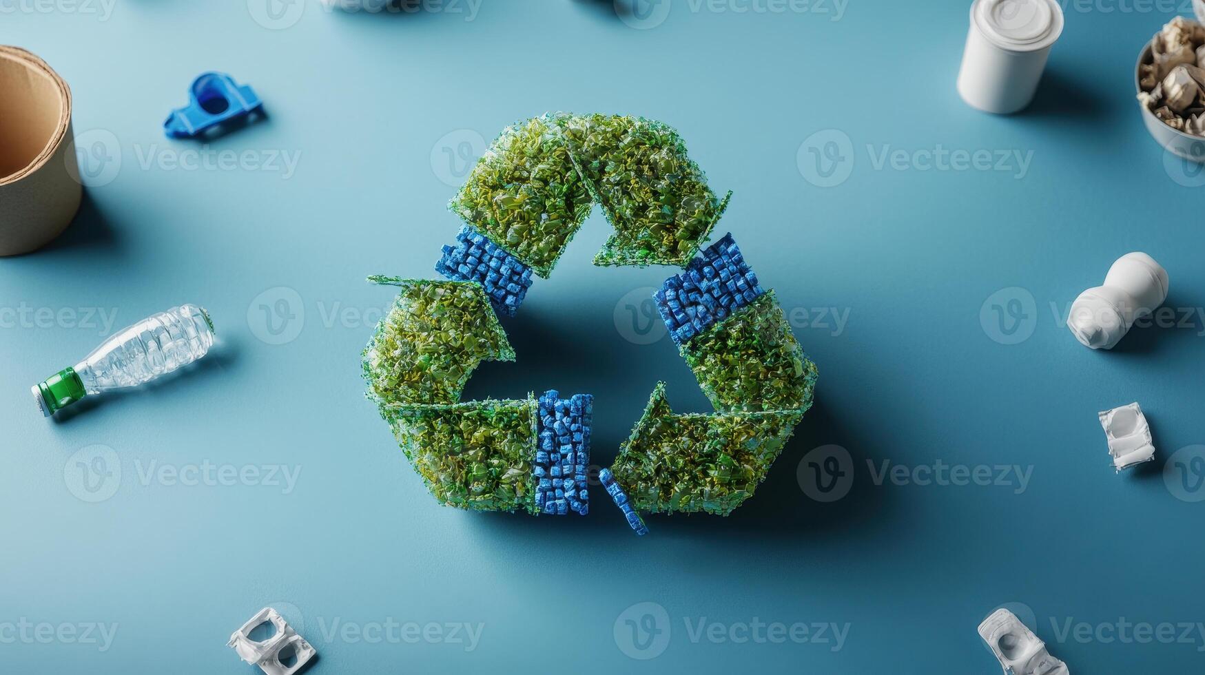 Recycling Symbol Made of Plastic Waste on Blue Background Surrounded by Various Recyclable Items photo