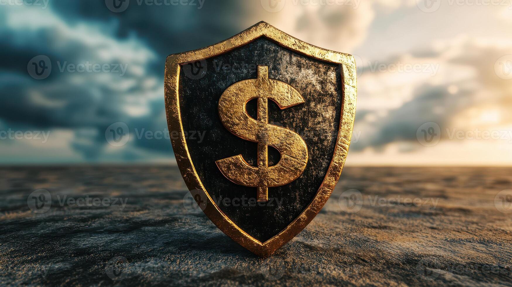 Golden Dollar Sign Shield on a Rough Surface with Dramatic Sky in the Background photo