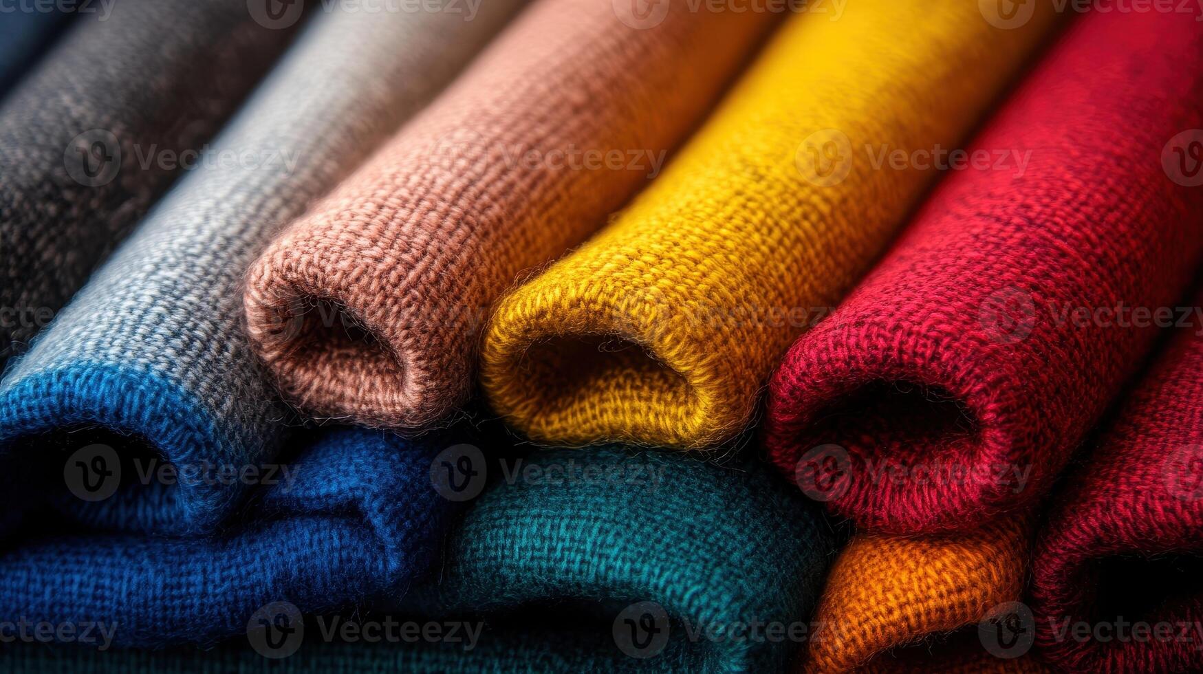 Colorful Woolen Fabrics in a Row Displaying Various Textures and Vibrant Hues photo