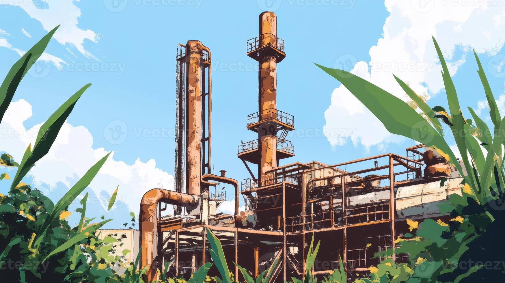Global Economic Crisis Oil Concept. An industrial site featuring rusted structures against a blue sky, surrounded by green foliage, depicting a blend of nature and manufacturing. photo