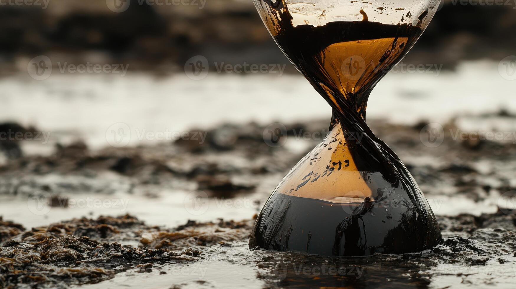 Global Economic Crisis Oil Concept. An hourglass partially submerged in murky water, symbolizing the passage of time and environmental themes. photo